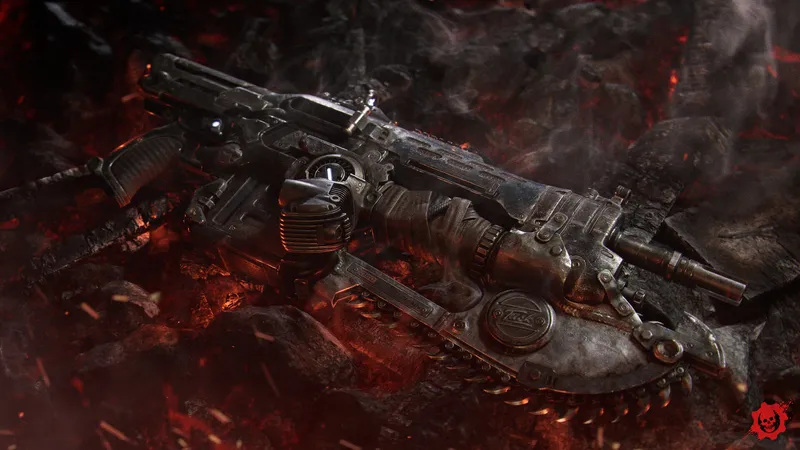 A towering Locust Boomer stands over a fallen COG soldier on a night street as vehicle headlights flare behind it