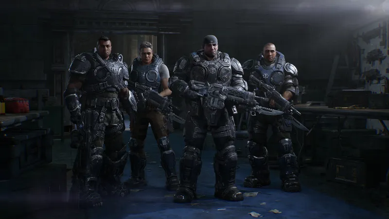 Four COG soldiers stand alert with Lancers in a dim, debris-strewn stone room under moody overhead light