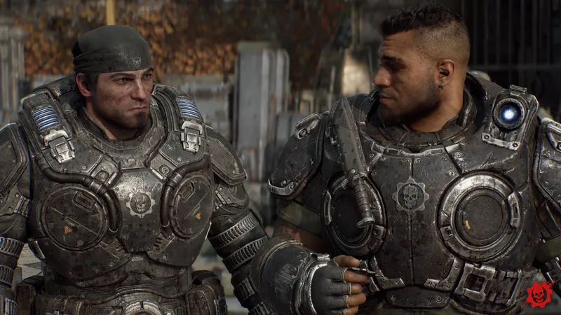 A battle-worn COG soldier in skull-marked armor faces another character inside a warm, golden-lit interior during a quiet story beat