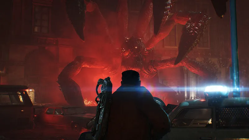 A pale multi-legged Locust titan with a glowing red core looms over a lone silhouetted soldier in red-lit dark