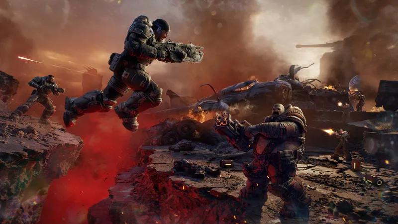 A soldier leaps across a glowing red fissure with a chainsaw Lancer as a Locust fires back from the smoke on the other side