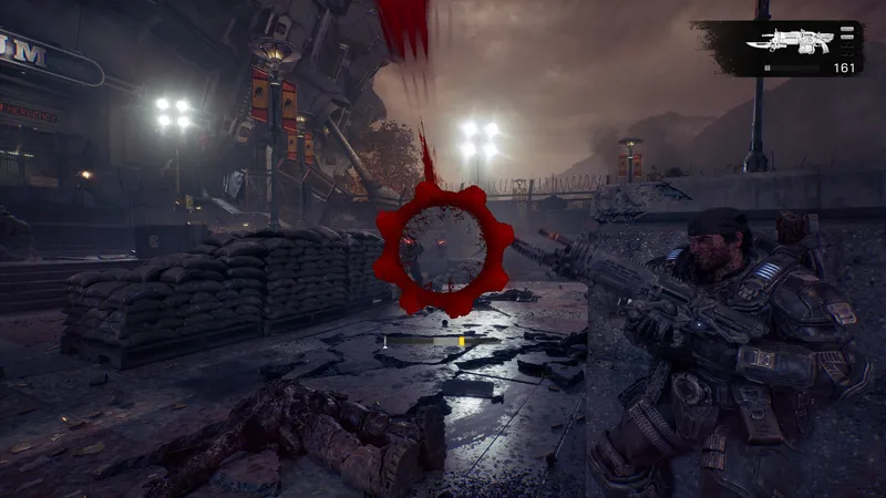 A COG Gear aims down a Lancer from behind sandbag cover as a skull-shaped execution marker flashes over a downed Locust on a rain-slicked street