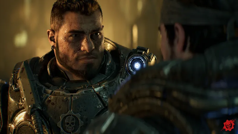 Two COG soldiers talk amid sunlit rubble in a ruined urban district, one holding a combat knife strapped to his chest plate