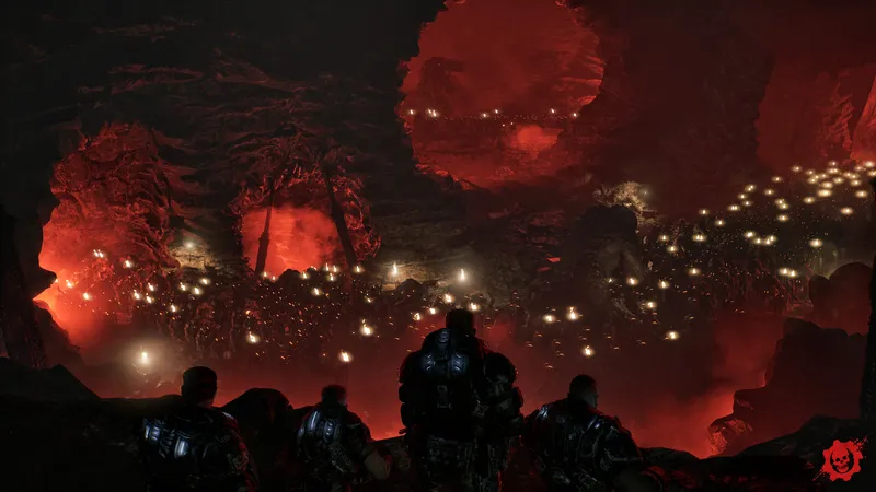 Four COG soldiers stand on a rocky ledge overlooking a vast red-lit underground cavern filled with a Locust horde below