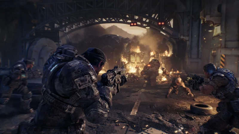 COG soldiers take cover behind concrete barriers in a dusk plaza near a neon stadium sign as muzzle flashes stitch the dark