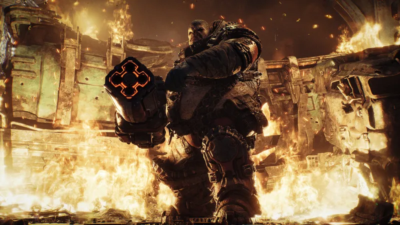 A blood-spattered Gear in battle-worn armor stands in a gritty supermarket under a colorful Buy n Save produce sign, fluorescent light flickering above